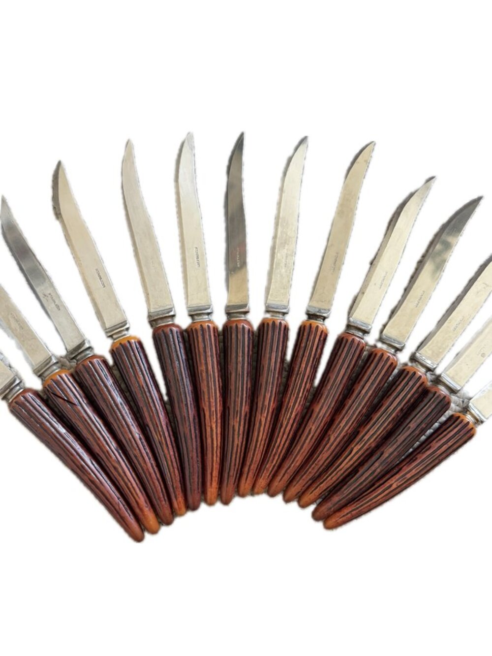 Set of 14 Steak Knives Vintage Stainless Steel Faux Antler Wood Grain Handle